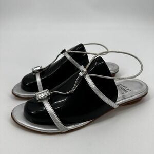 Stuart Weitzman Silver Metallic Leather Crystal Slingback Flat Sandals 6 Glam
